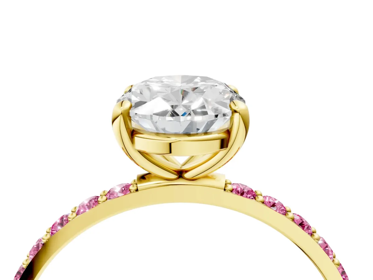 Oval Cut Diamond Solitaire Ring with Round Pink Sapphire Pavé Band and Prong Setting Yellow gold