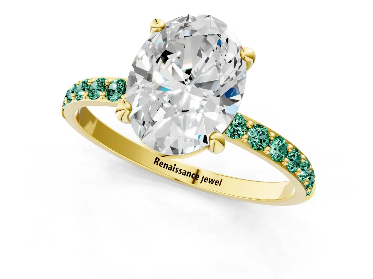 Oval Cut Diamond Solitaire Ring with Round Green Sapphire Pavé Band and Prong Setting Yellow gold