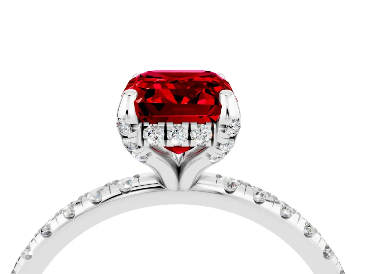 Emerald Cut Ruby Hidden Halo Engagement Ring with Round Pavé Band and Prong Setting Silver
