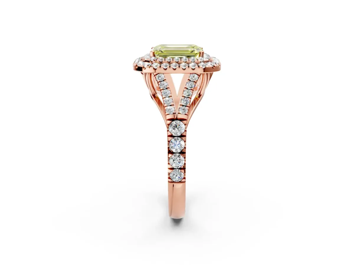 Fancy Yellow Emerald Cut Diamond Double Halo Ring with Split Shank and Prong Setting Rose gold