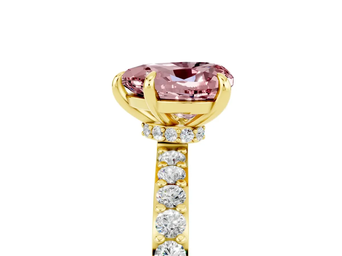 Heart Cut Morganite Solitaire Engagement Ring with Pavé Band and Four-Prong Setting Yellow gold