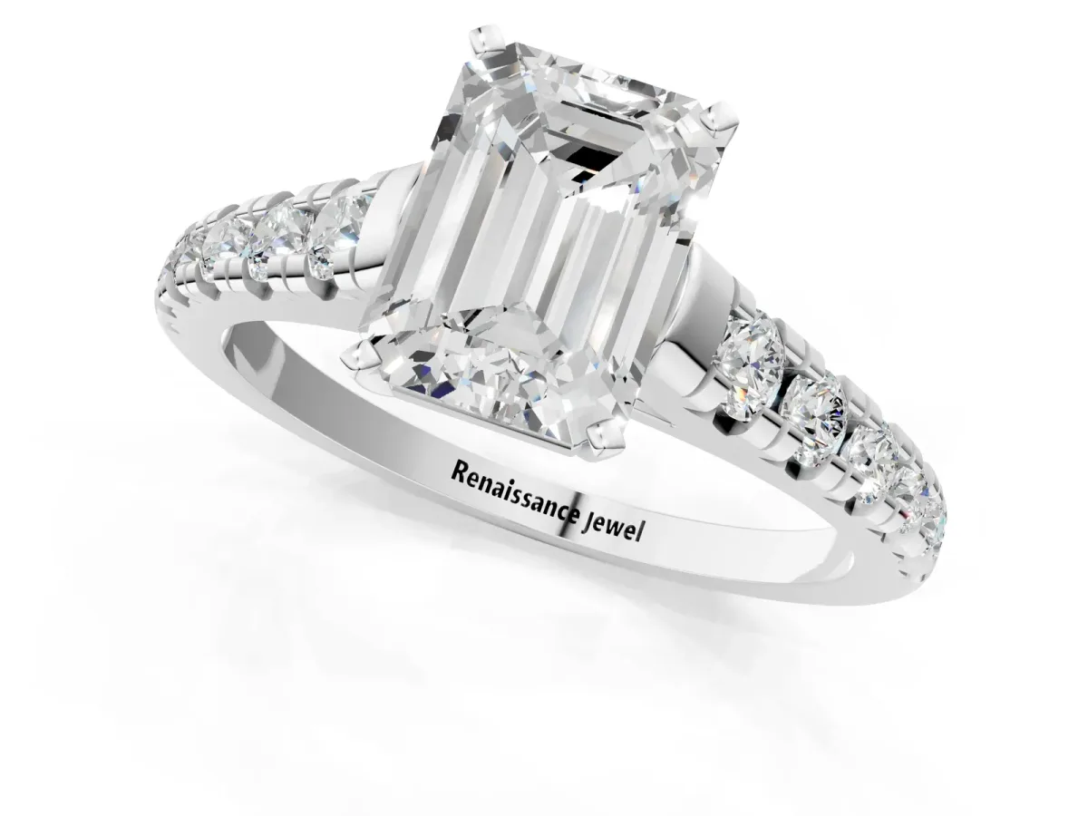Emerald Cut Diamond Cathedral Solitaire Ring with Round Moissanite Pavé Band Platinum