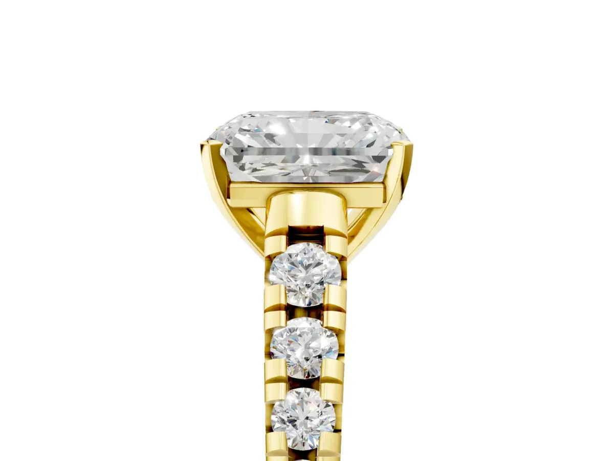 Radiant Cut Diamond Cathedral Solitaire Ring with Round Moissanite Pavé Band Yellow gold