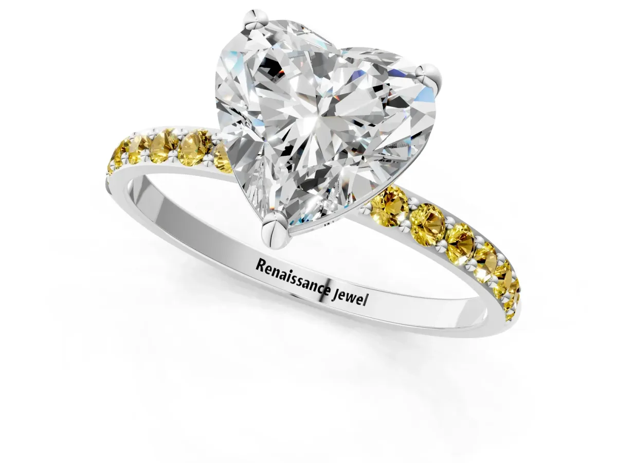 Heart Cut Diamond Solitaire Ring with Round Yellow Sapphire Pavé Band and Prong Setting White gold