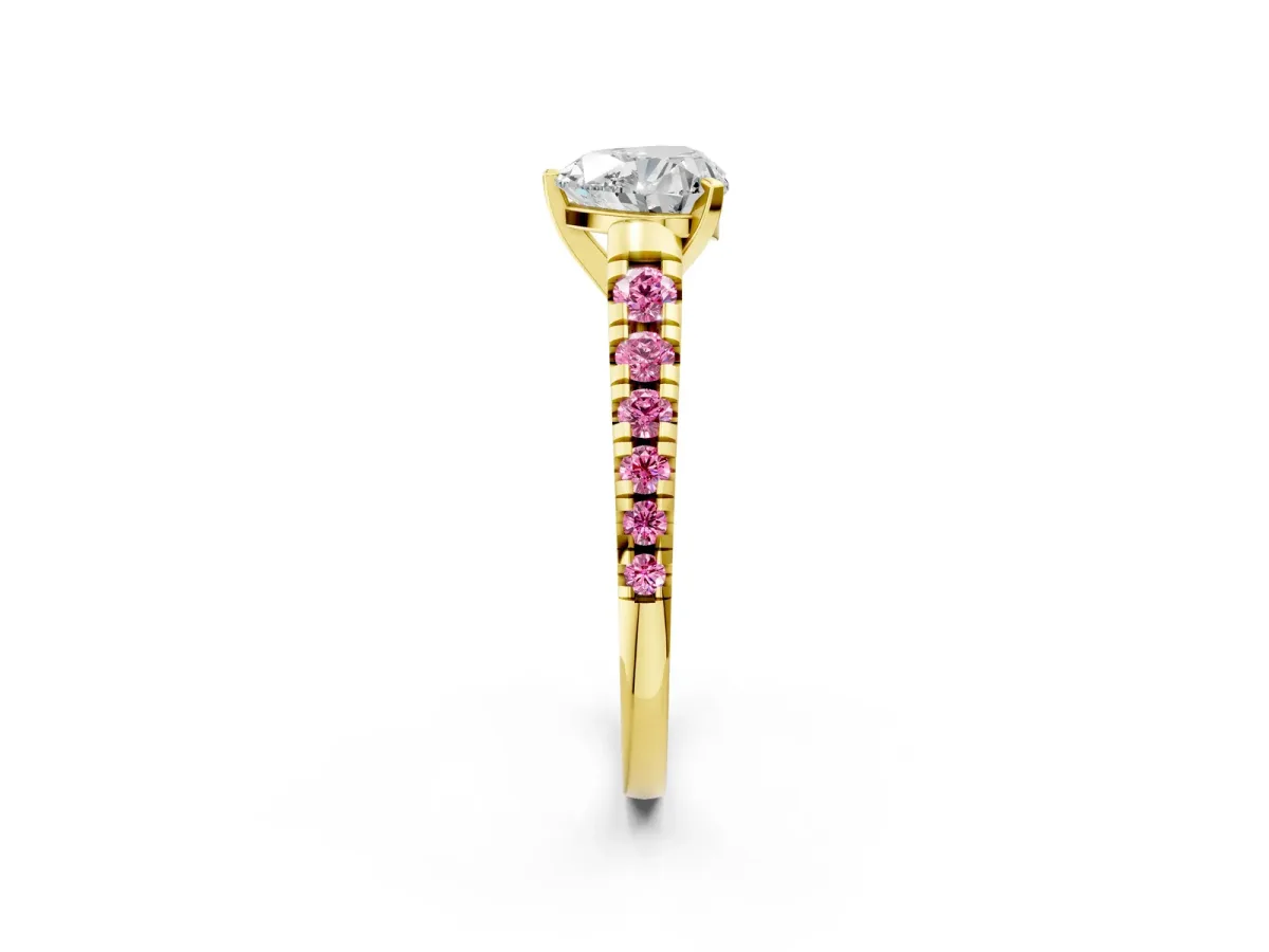 Heart Cut Diamond Cathedral Solitaire Ring with Round Pink Sapphire Pavé Band Yellow gold