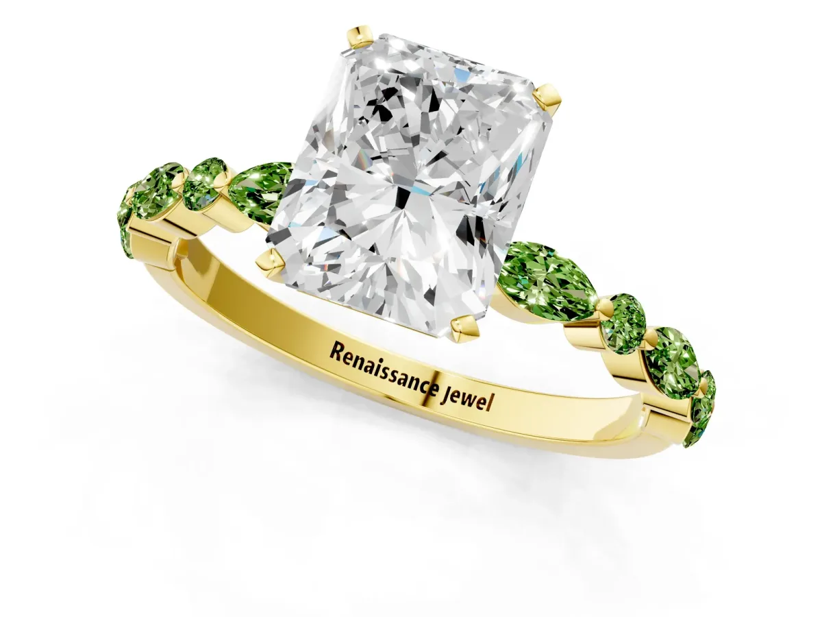 Radiant Cut Diamond Ring with Marquise and Round Peridot Side Stones and Four-Prong Setting Yellow gold