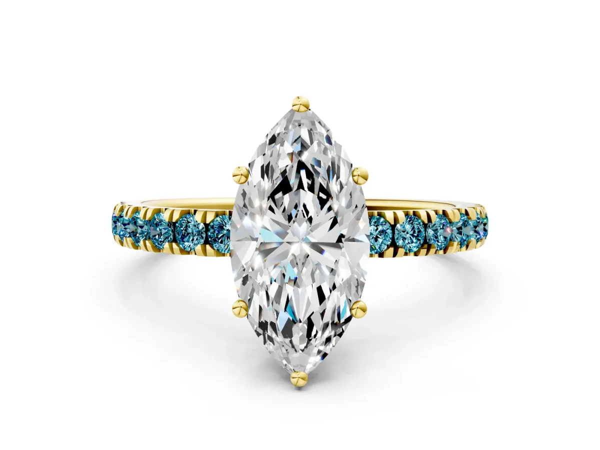 Marquise Cut Diamond Pave Band Solitaire Ring with Round Blue Topaz and Prong Setting Yellow gold