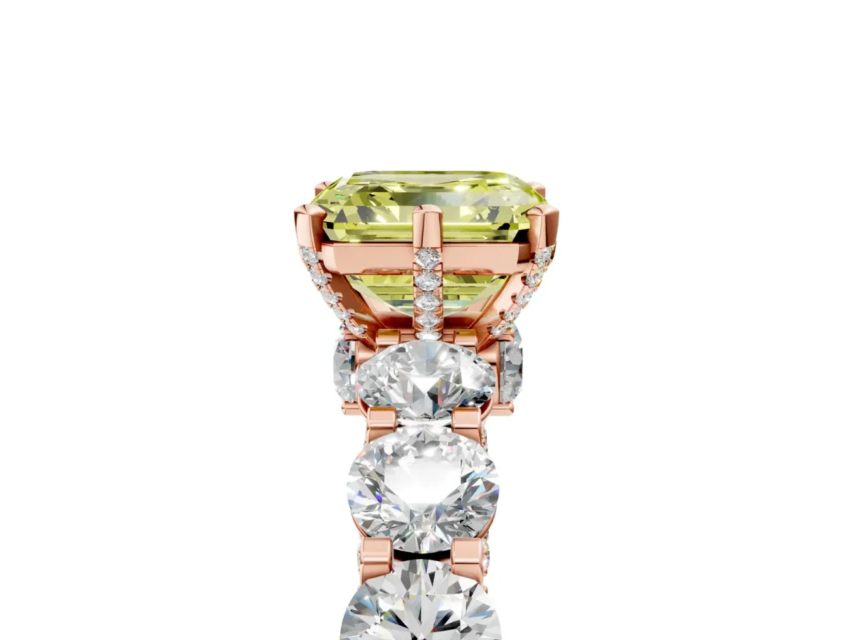 Fancy Yellow Asscher Cut Diamond Side Stone Engagement Ring with Four-Prong Setting Rose gold