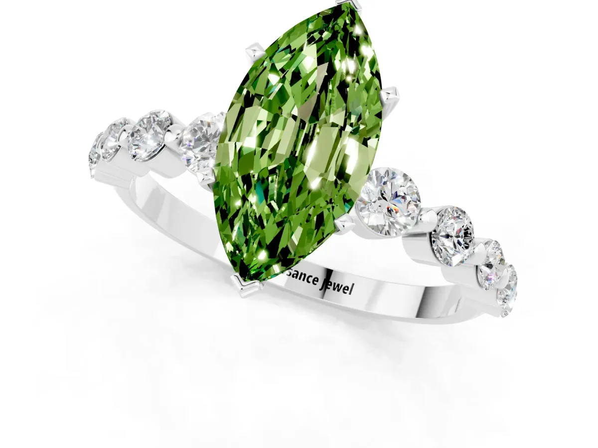 Marquise Cut Solitaire Peridot Ring with Pave Band and Four-Prong Setting Silver