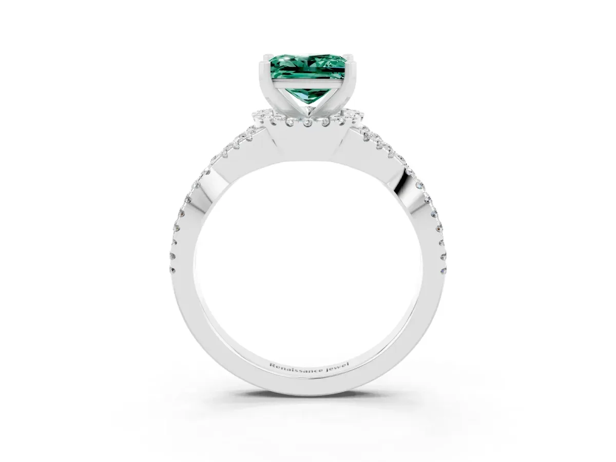 Princess Cut Green Sapphire Halo Twist Band Solitaire Prong Setting Ring White gold