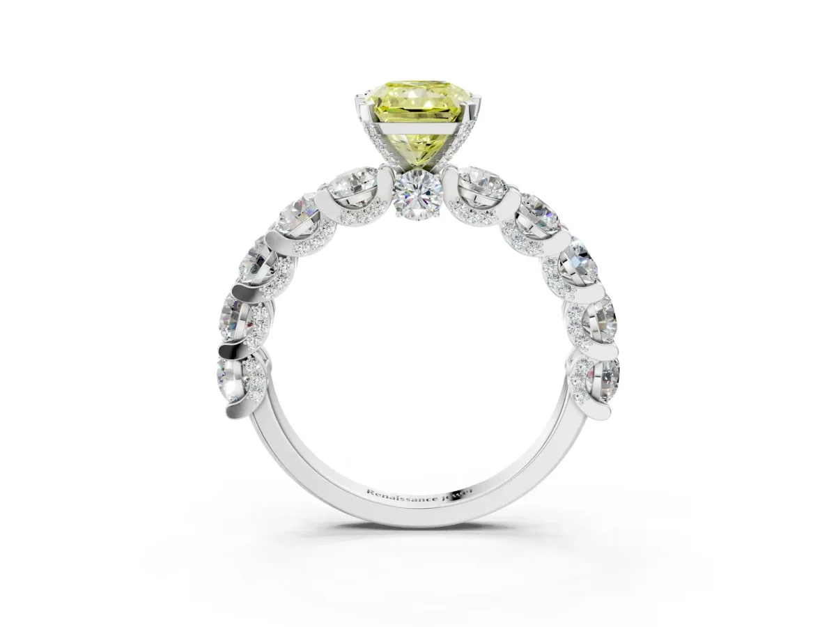 Fancy Yellow Radiant Cut Diamond Side Stone Engagement Ring with Four-Prong Setting Platinum
