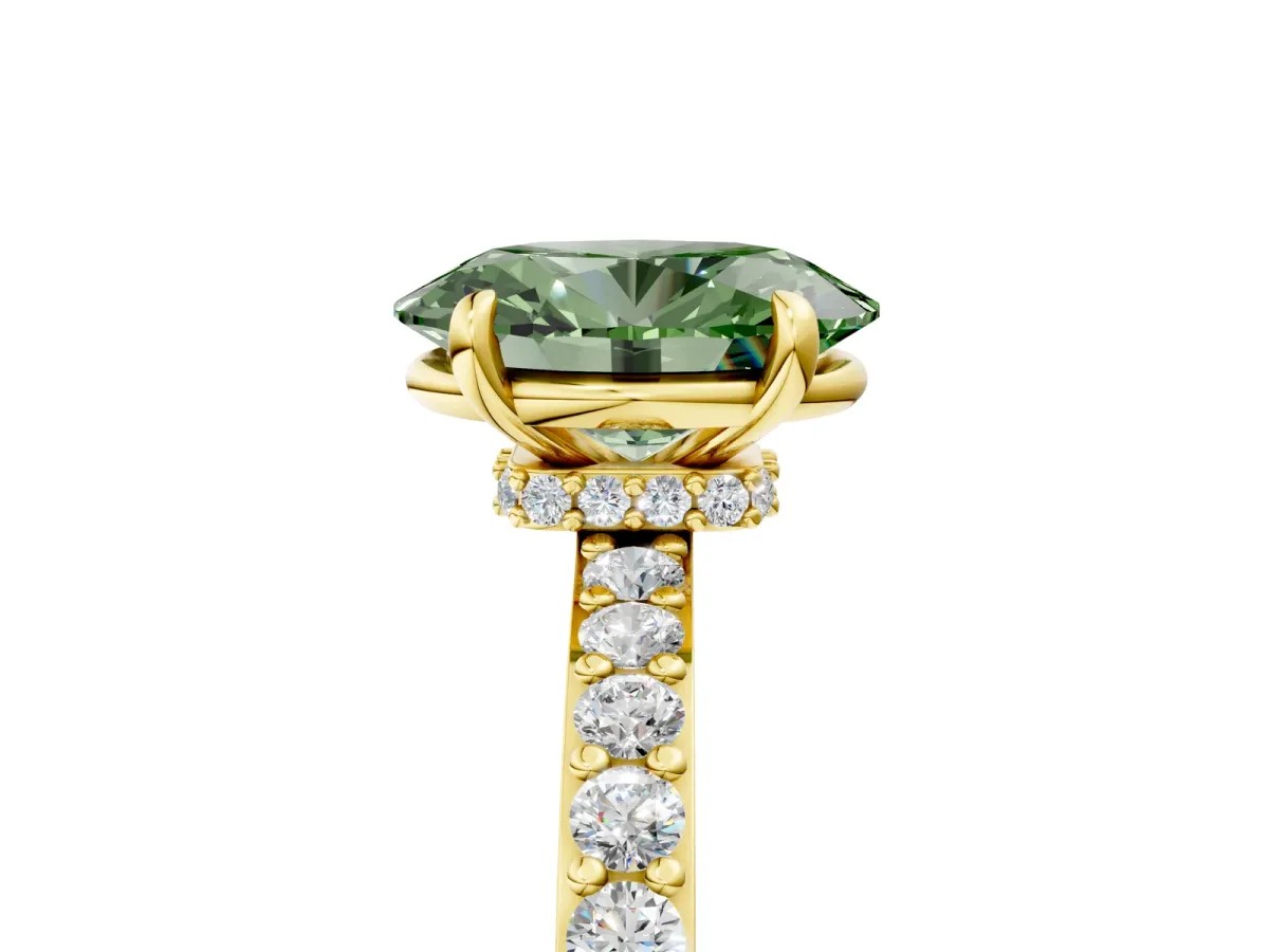 Fancy Green Oval Cut Diamond Solitaire Engagement Ring with Pavé Band and Four-Prong Setting Yellow gold