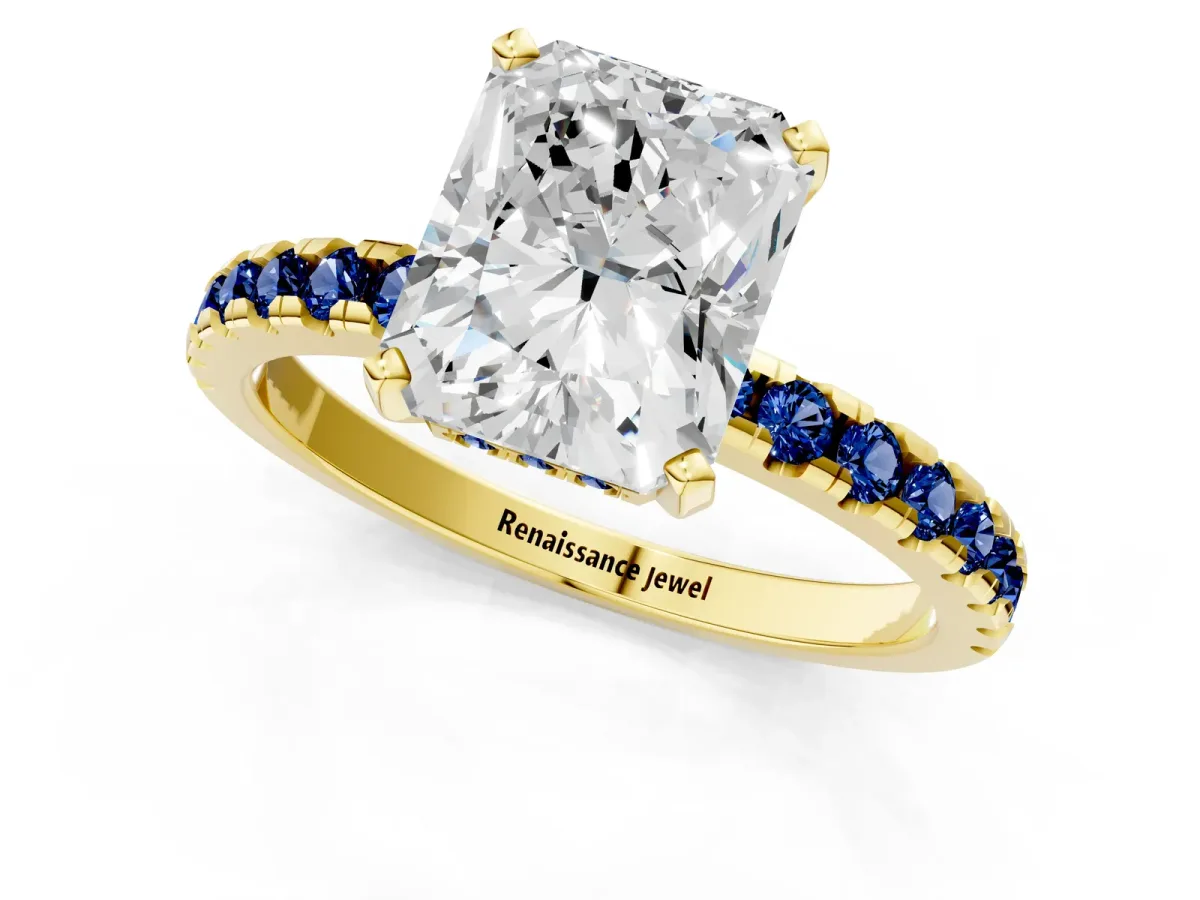 Radiant Cut Diamond Solitaire Ring with Round Blue Sapphire Pavé Band and Four-Prong Setting Yellow gold