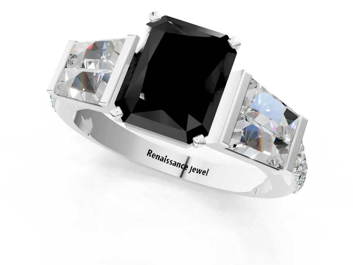 Fancy Black Radiant Cut Diamond Engagement Ring with Baguette Side Stones and Channel Set Band Platinum