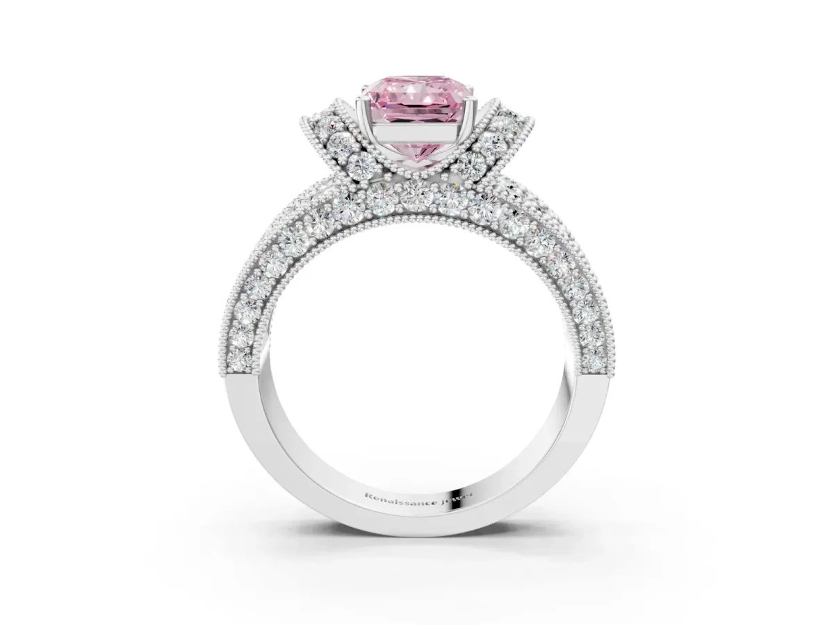 Fancy Pink Radiant Cut Halo Pave Diamond Engagement Ring with Milgrain Detailing Platinum
