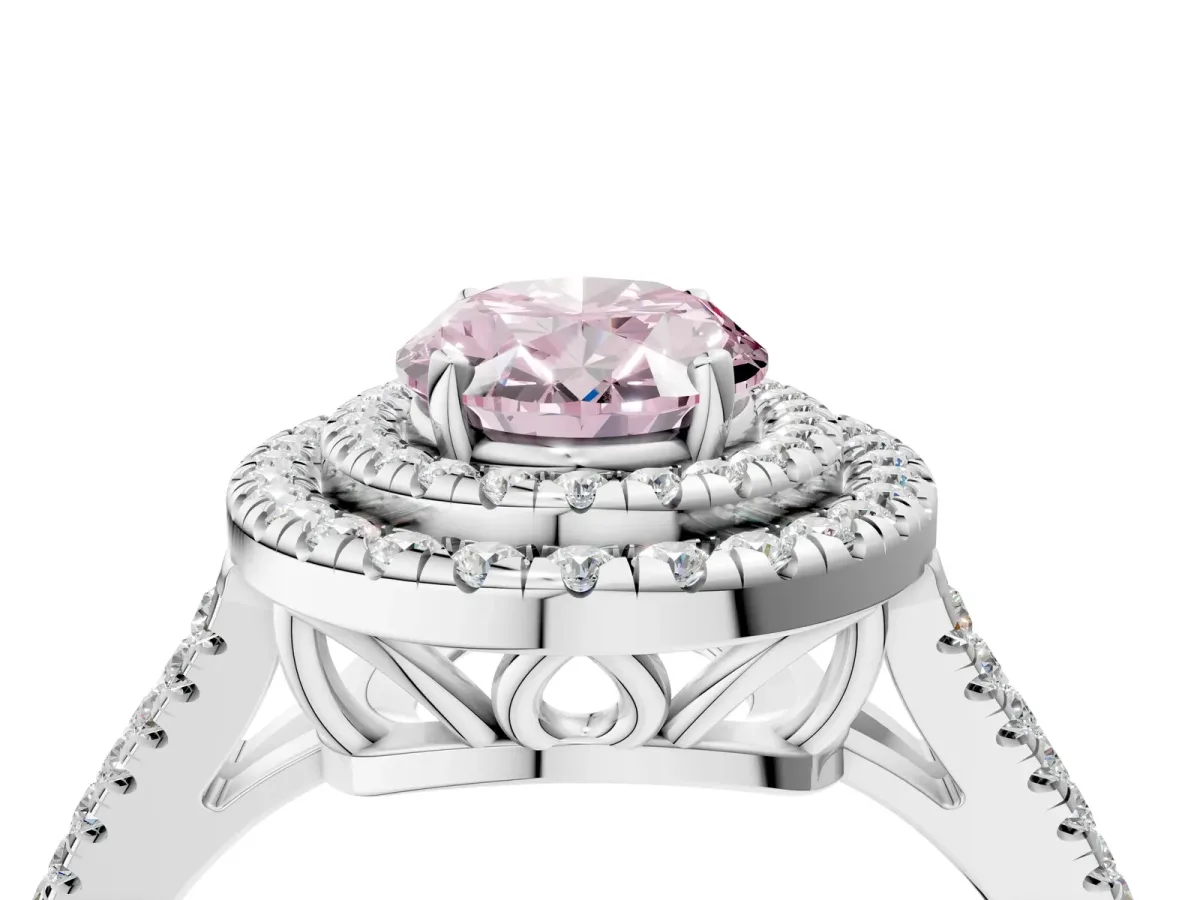 Fancy Pink Oval Cut Diamond Double Halo Ring with Pavé Band and Prong Setting Silver