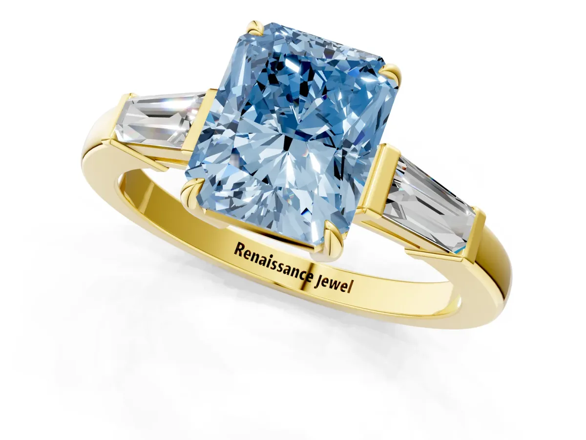 Fancy Blue Radiant Cut Diamond Three-Stone Ring with Tapered Baguette Side Stones and Prong Setting Yellow gold