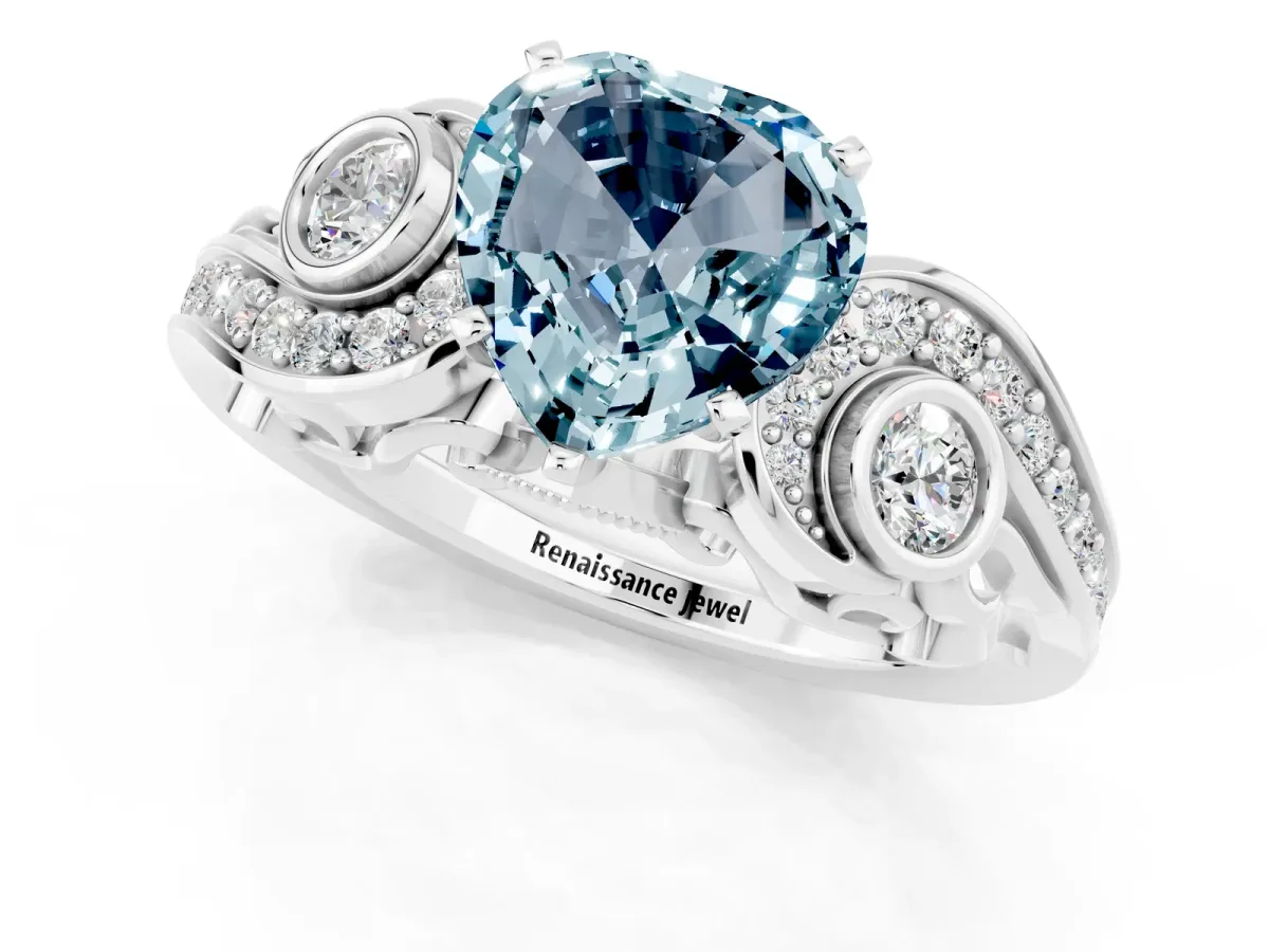 Heart Cut Aquamarine Solitaire Ring with Milgrain Pavé Band and Four-Prong Setting Platinum