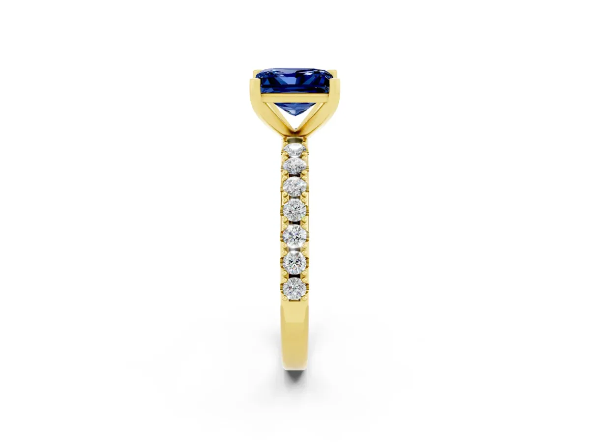 Princess Cut Blue Sapphire Solitaire Pavé Band with Four-Prong Setting Yellow gold