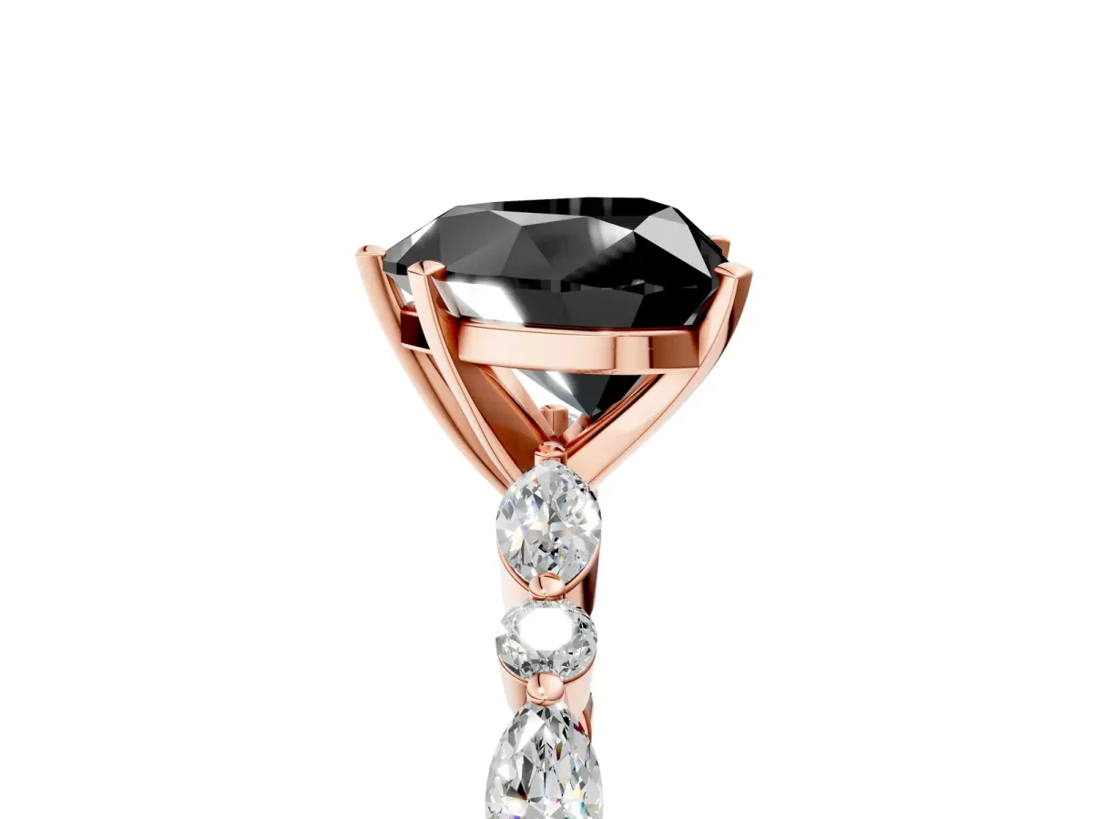 Fancy Black Heart Cut Diamond Ring with Marquise and Round Side Stones and Four-Prong Setting Rose gold