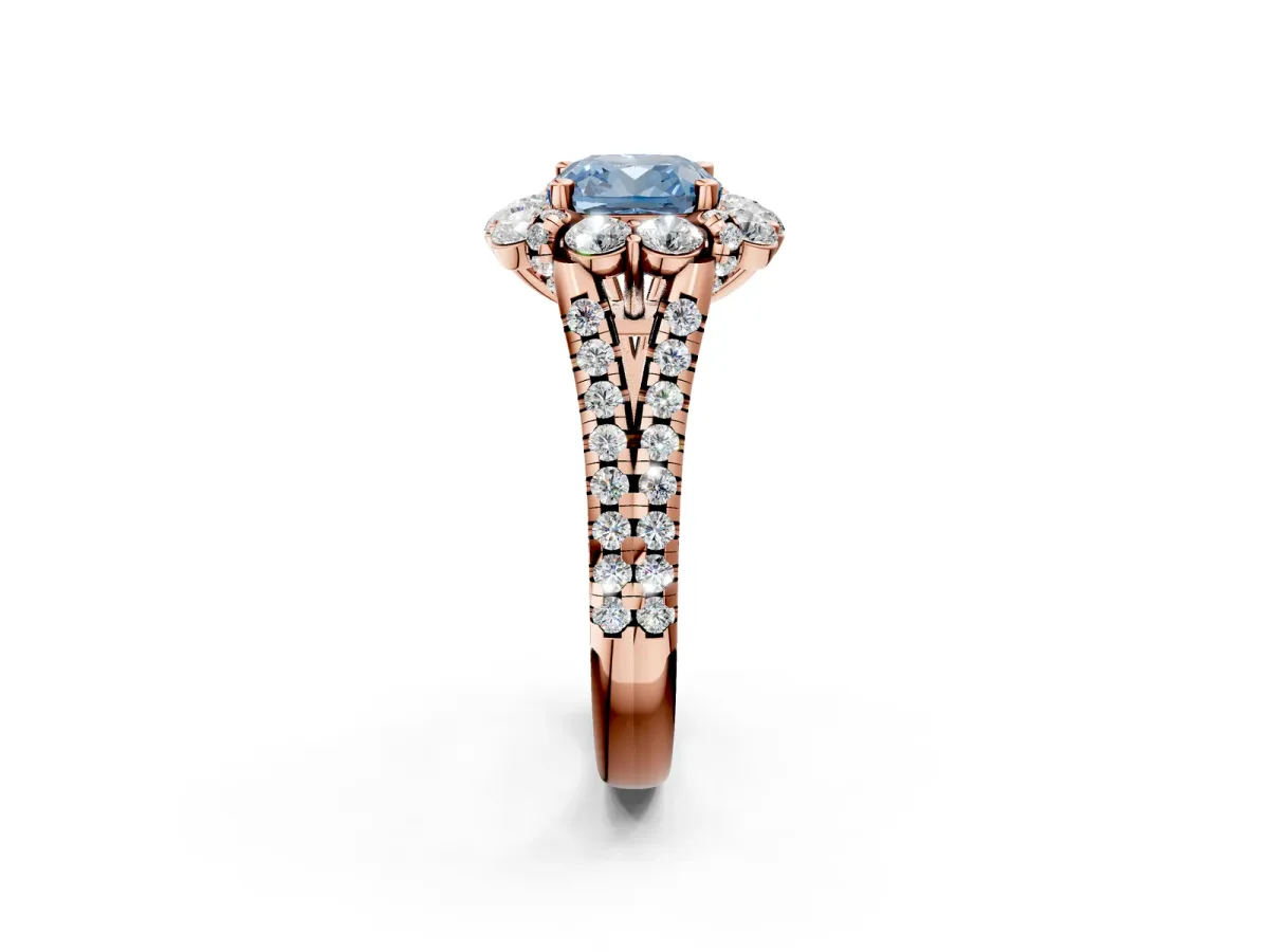 Fancy Blue Cushion Cut Halo Split Shank Diamond Engagement Ring with Pave Band and Four-Prong Setting Rose gold