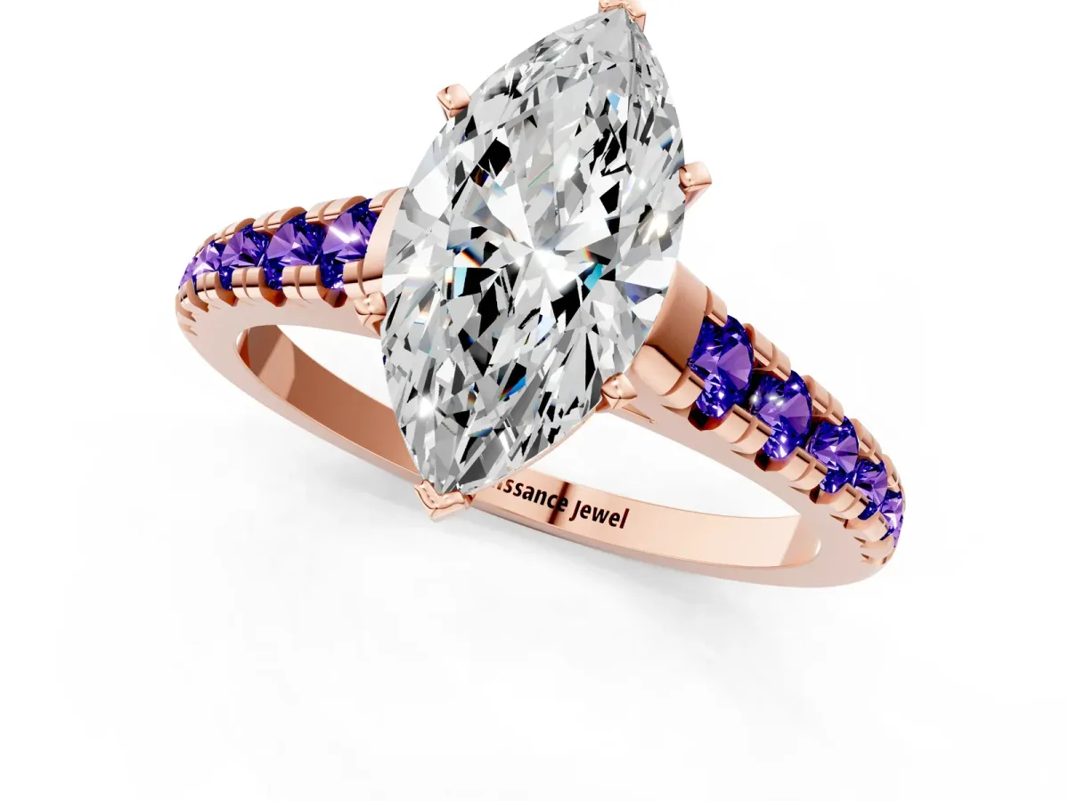 Marquise Cut Diamond Cathedral Solitaire Ring with Round Tanzanite Pavé Band Rose gold