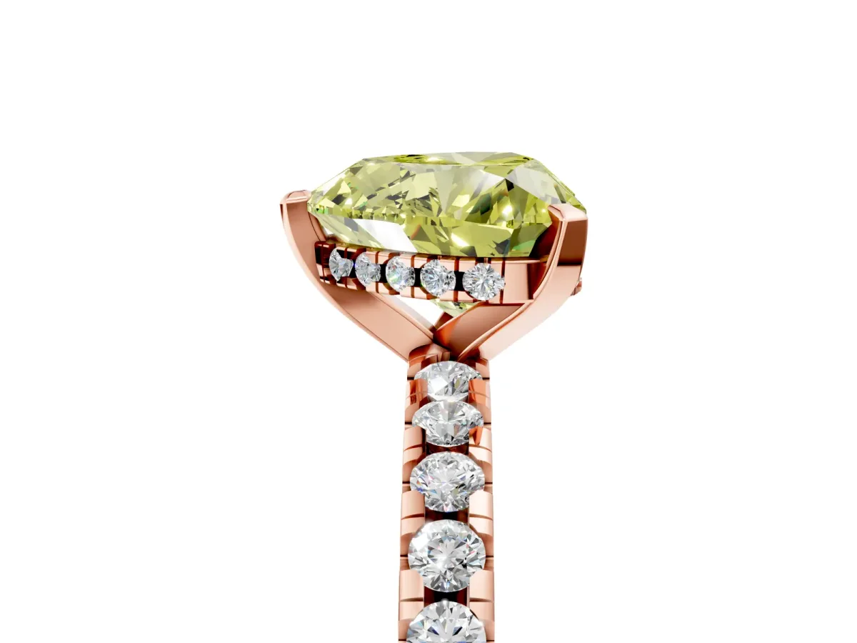 Fancy Yellow Heart Cut Diamond Solitaire Ring with Round Pavé Band and Four-Prong Setting Rose gold