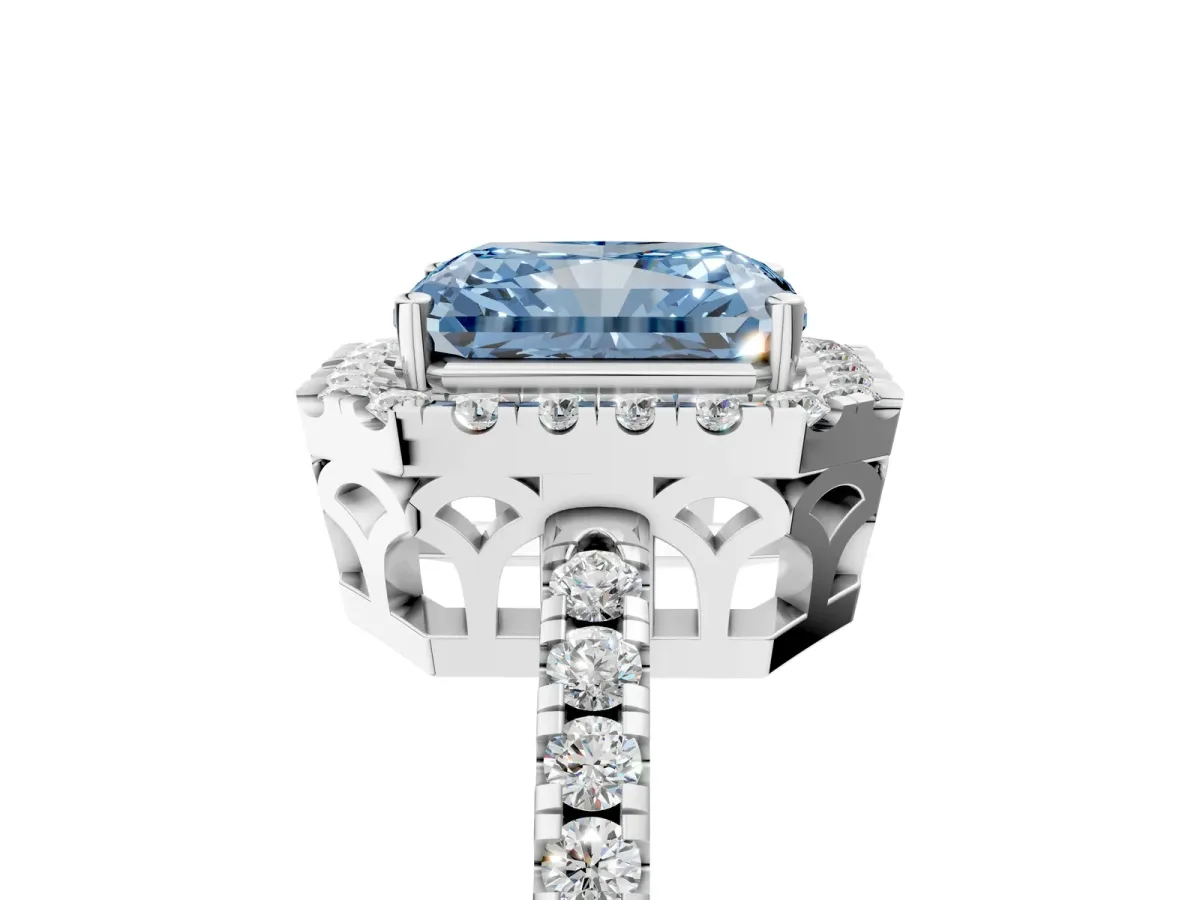 Fancy Blue Radiant Cut Halo Diamond Engagement Ring with Pavé Band and Four-Prong Setting Platinum