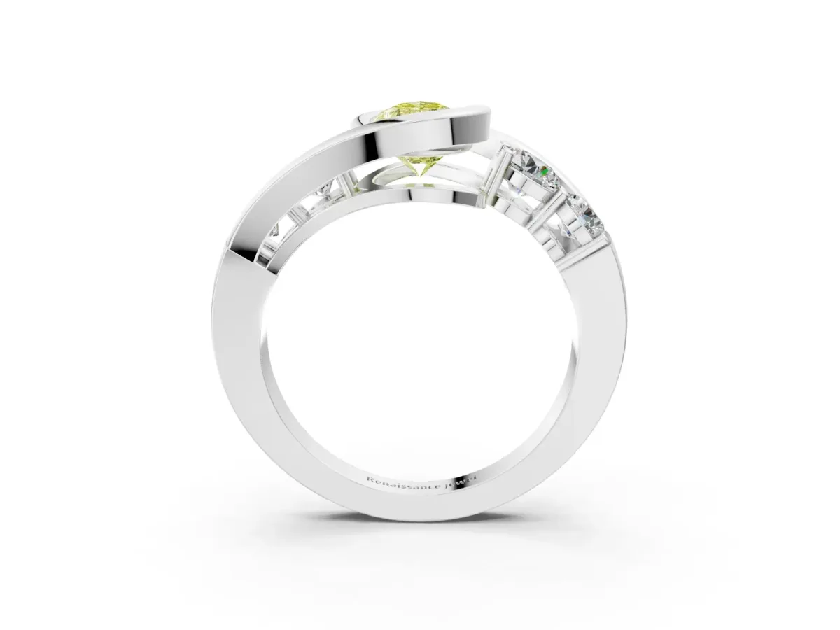 Fancy Yellow Bezel Set Pear Cut Diamond Bypass Ring with Round Accents Platinum