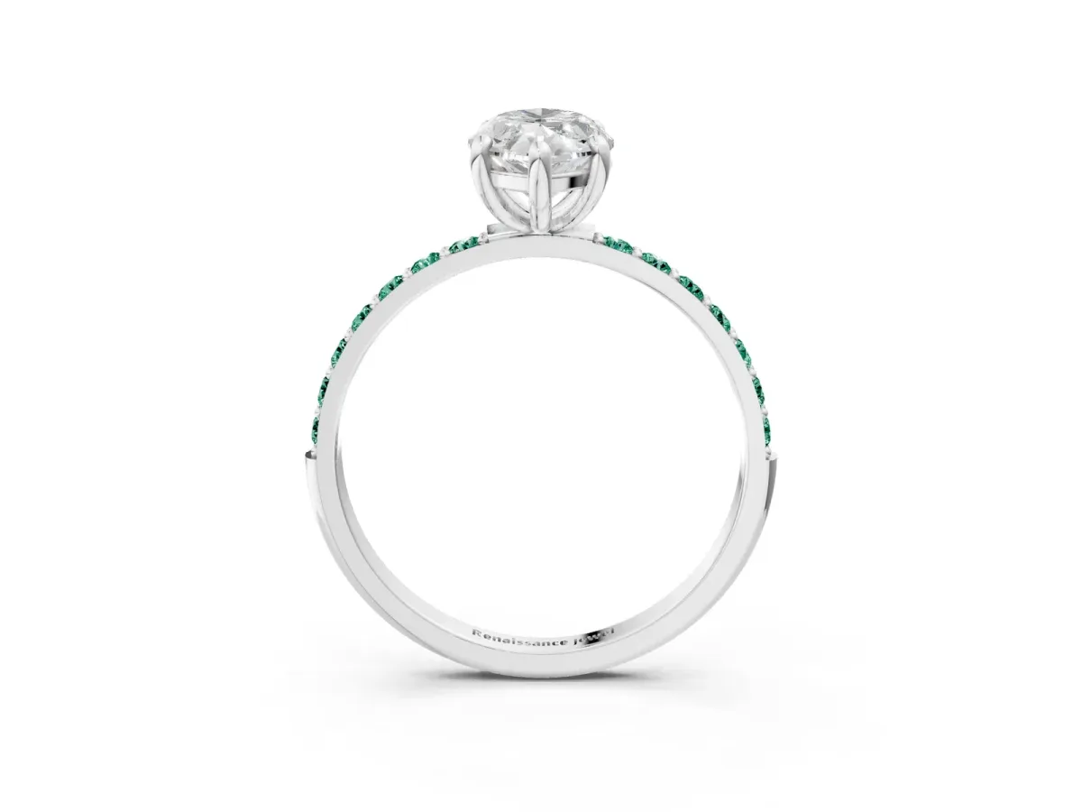 Marquise Cut Diamond Solitaire Ring with Round Green Sapphire Pavé Band and Prong Setting White gold