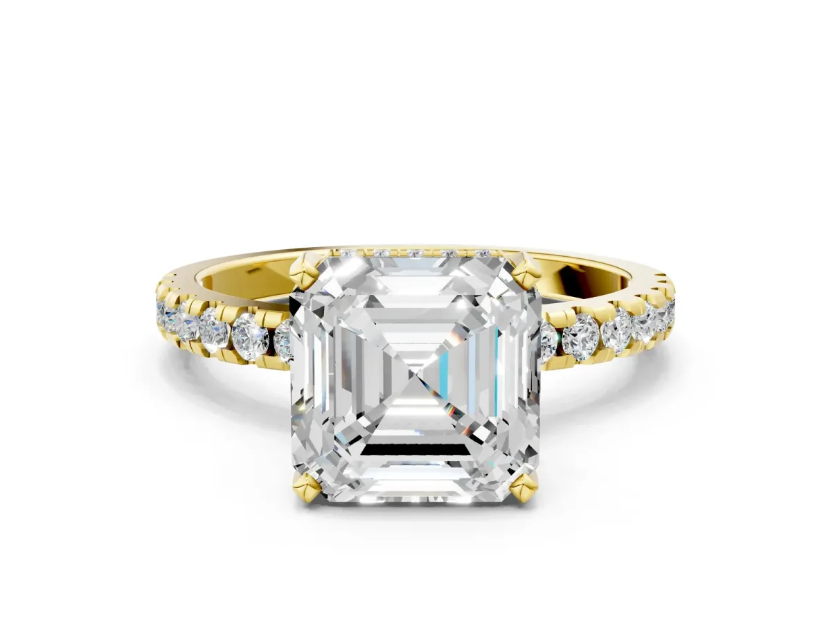 Asscher Cut Diamond Solitaire Ring with Round Moissanite Pavé Band and Four-Prong Setting Yellow gold