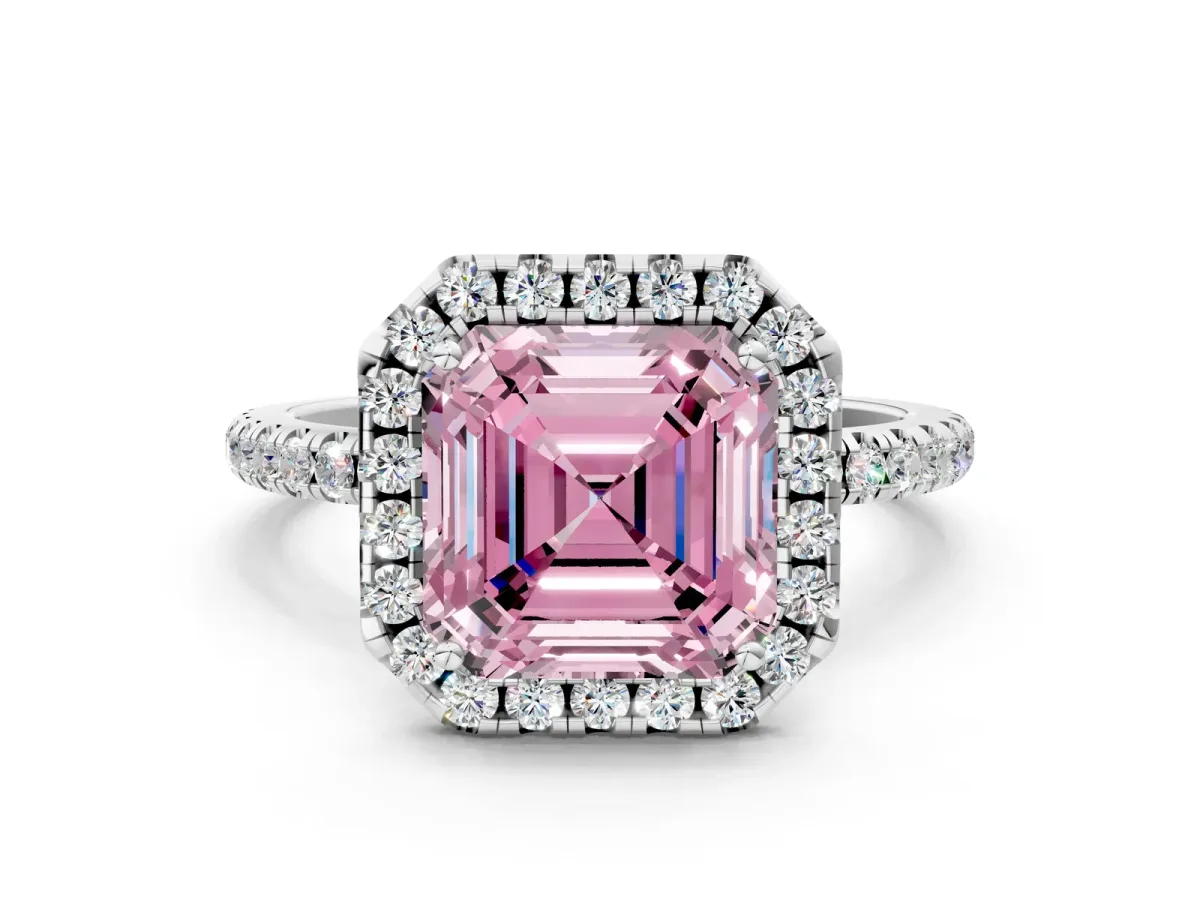 Fancy Pink Asscher Cut Diamond Halo Engagement Ring with Round Pavé Band and Prong Setting Platinum