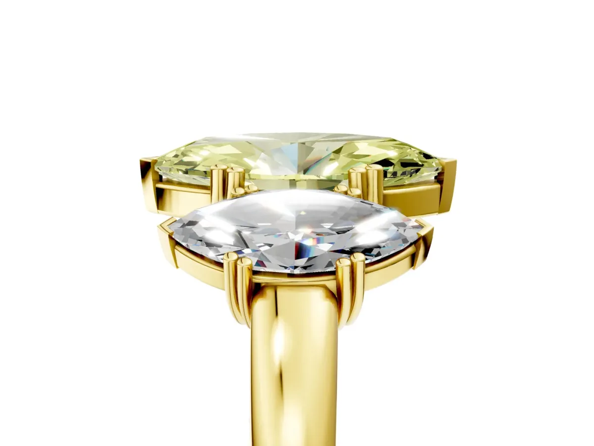 Fancy Yellow Three-Stone Marquise Cut Cut Diamond Ring with Channel Set Band and Four-Prong Setting Yellow gold