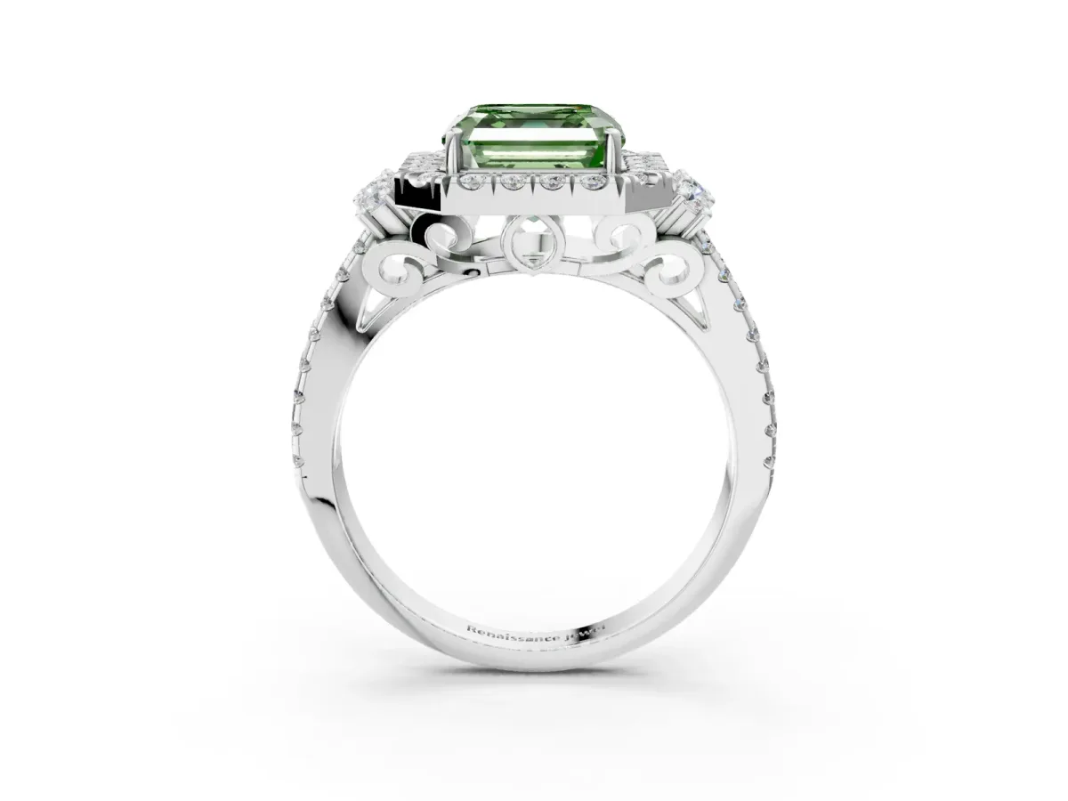 Fancy Green Asscher Cut Cut Double Halo Diamond Engagement Ring with Pave Band and Four-Prong Setting Platinum