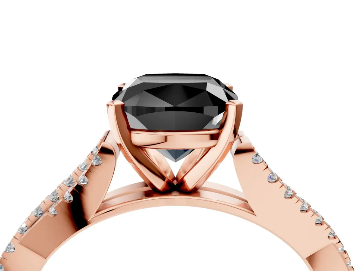 Fancy Black Cushion Cut Diamond Solitaire Engagement Ring with Twisted Pavé Band and Four-Prong Setting Rose gold