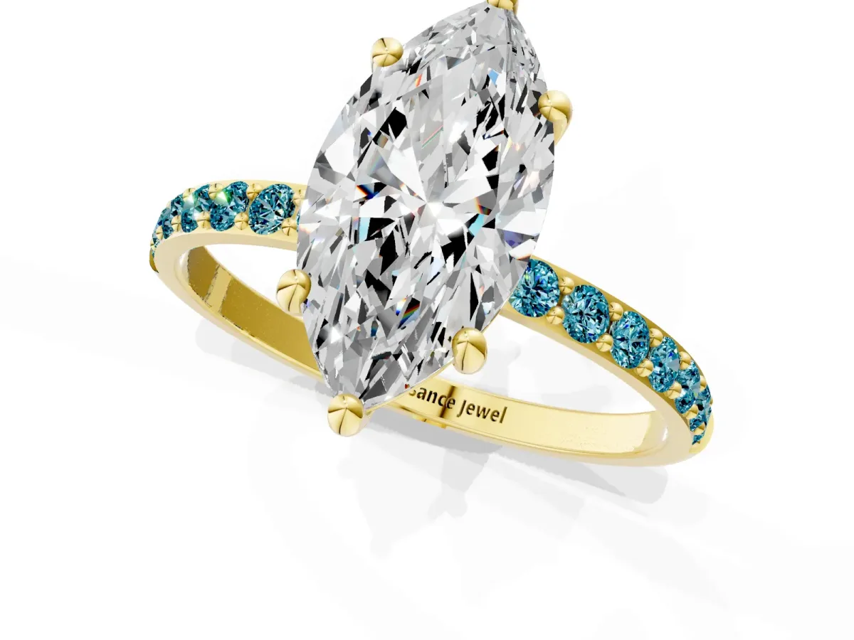 Marquise Cut Diamond Solitaire Ring with Round Blue Topaz Pavé Band and Prong Setting Yellow gold