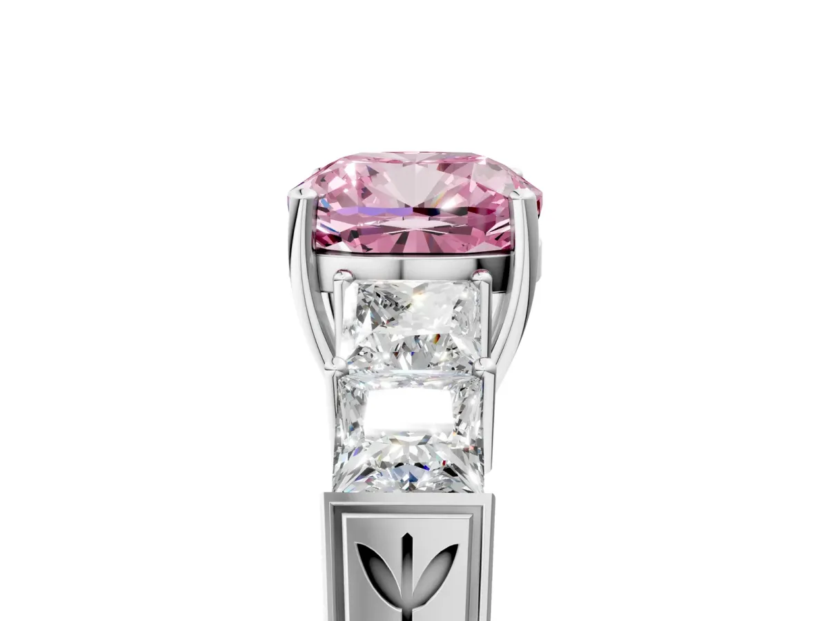 Fancy Pink Cushion Cut Solitaire Princess Side Stone Engraved Band Prong Setting Ring Platinum