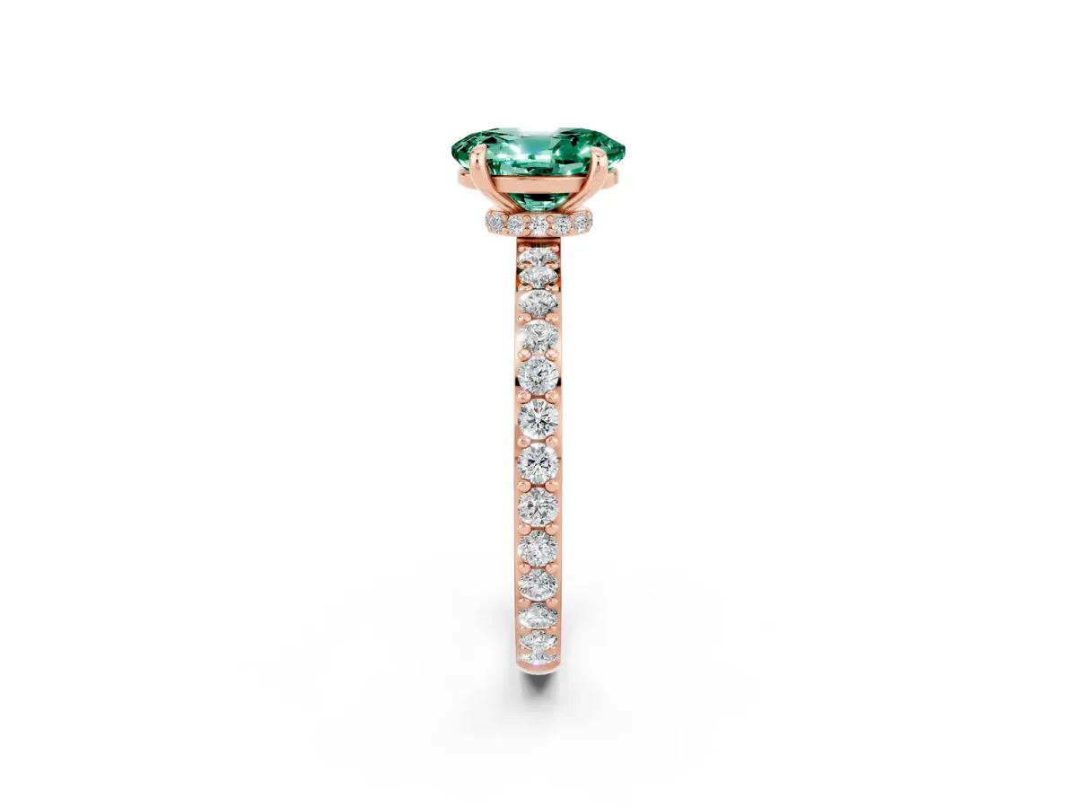 Oval Cut Green Sapphire Solitaire Engagement Ring with Pavé Band and Four-Prong Setting Rose gold