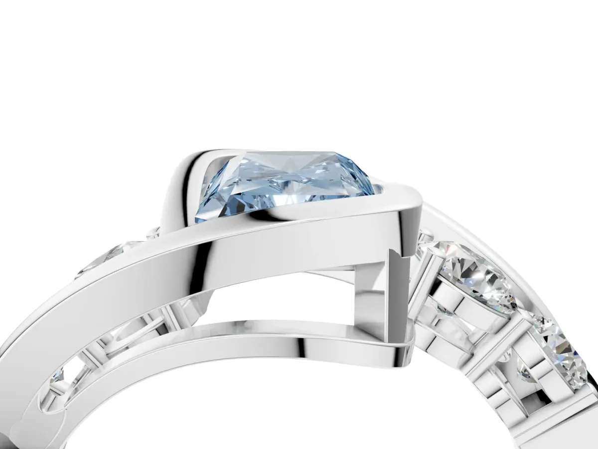 Fancy Blue Bezel Set Radiant Cut Diamond Bypass Ring with Round Accents Platinum