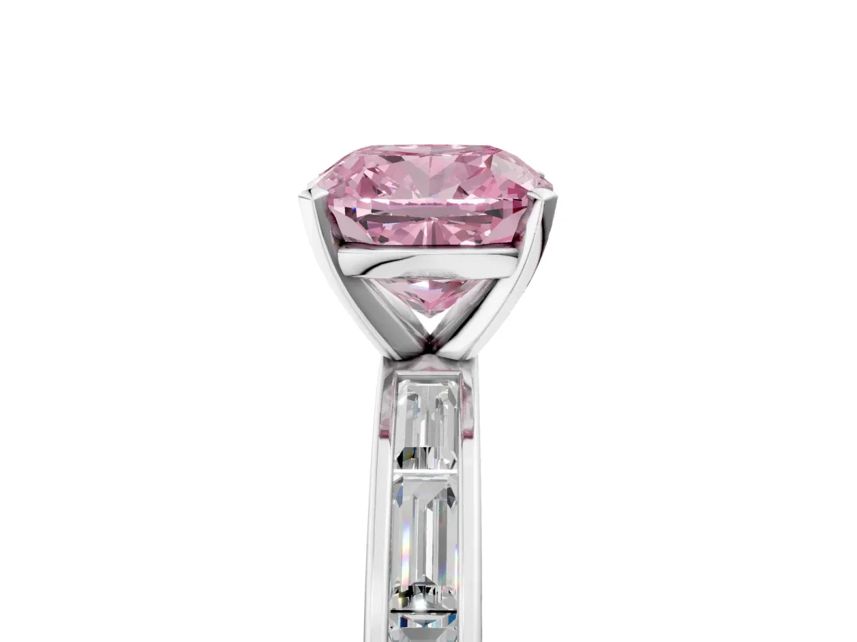 Fancy Pink Cushion Cut Solitaire Diamond Ring with Channel-Set Baguette Band and Four-Prong Setting White gold