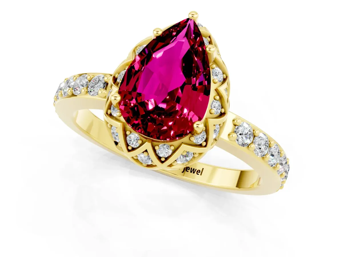 Pear Cut Garnet Scalloped Halo Engagement Ring with Round Shared Prong Band Yellow gold