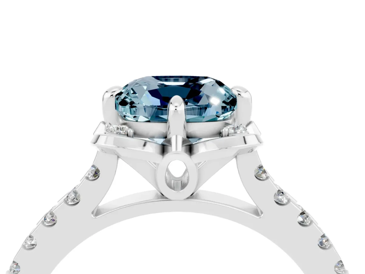 Cushion Cut Aquamarine Ring with Pavé Band and Floral Prong Setting White gold