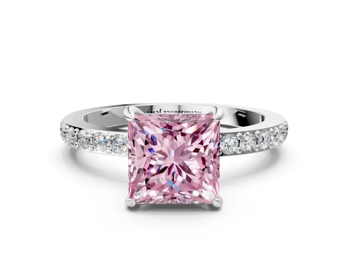 Fancy Pink Princess Cut Diamond Solitaire Engagement Ring with Pavé Band and Four-Prong Setting White gold