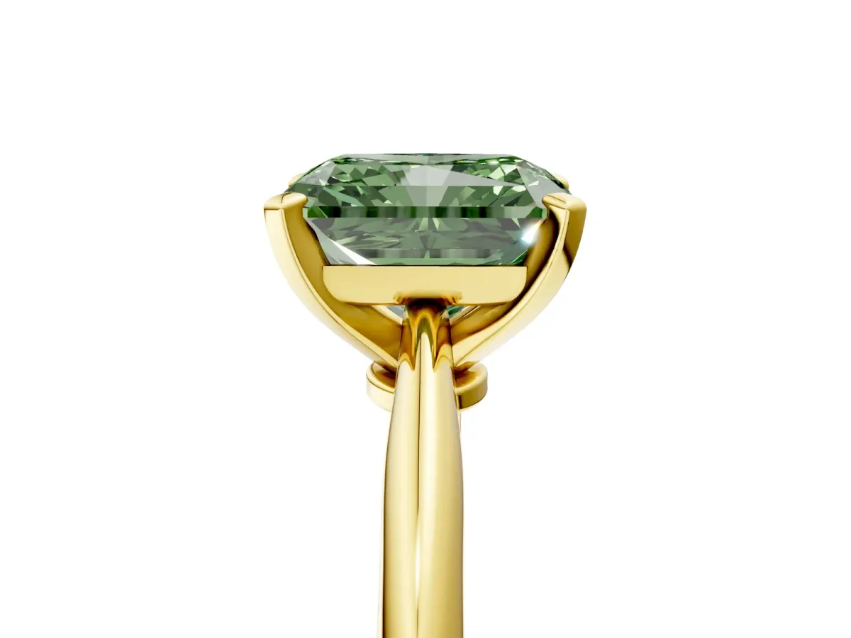 Fancy Green Radiant Cut Diamond Solitaire Engagement Ring with Classic Band and Four-Prong Setting Yellow gold
