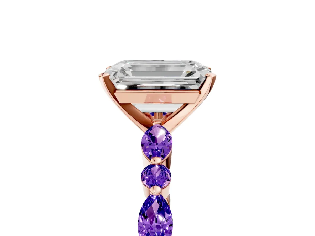 Emerald Cut Diamond Ring with Marquise and Round Tanzanite Side Stones and Four-Prong Setting Rose gold