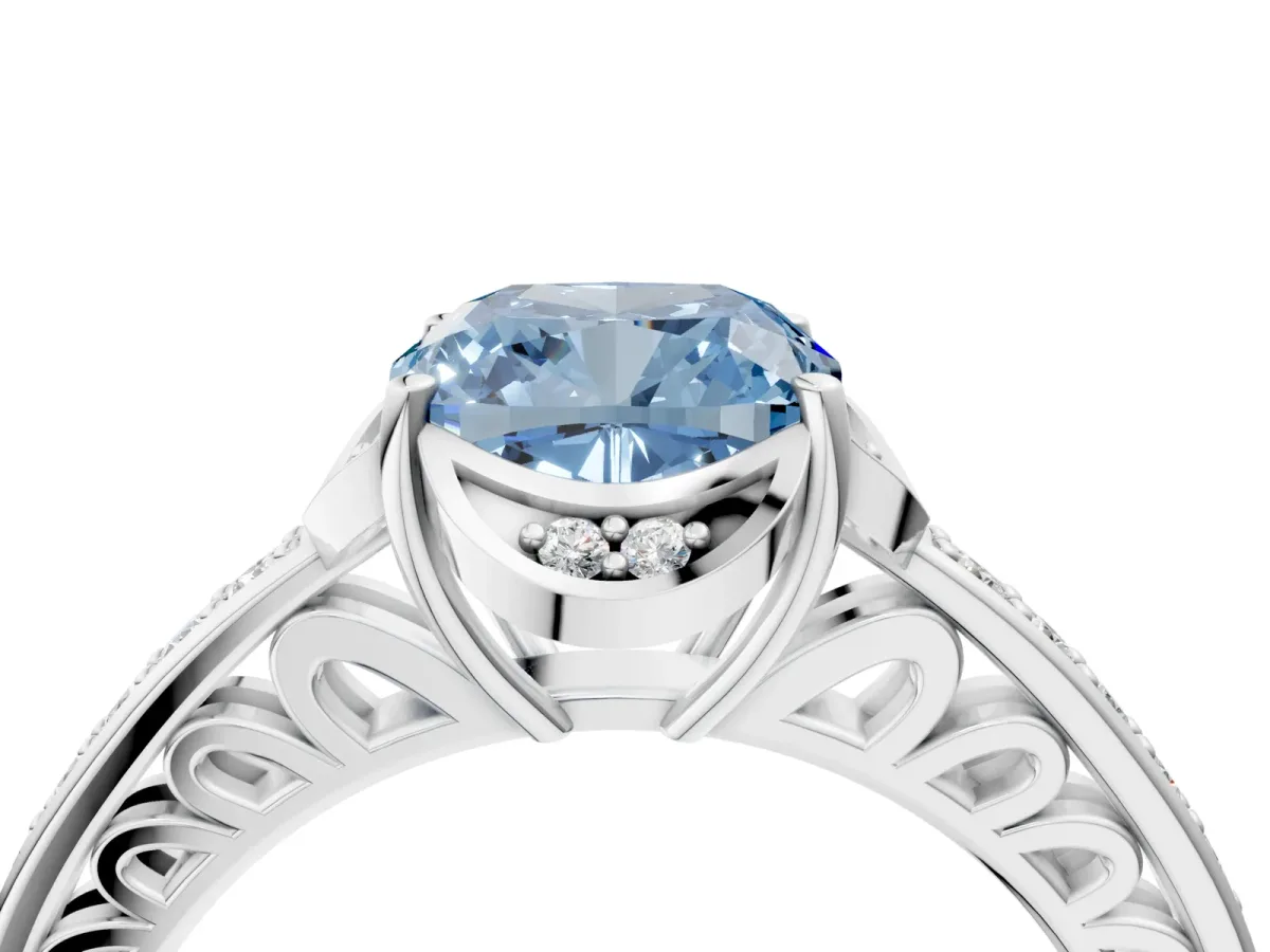 Fancy Blue Cushion Cut Cut Halo Diamond Ring with Channel Set Band and Four-Prong Setting White gold