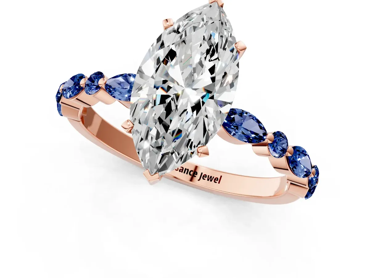 Marquise Cut Diamond Ring with Marquise and Round Blue Sapphire Side Stones and Four-Prong Setting Rose gold
