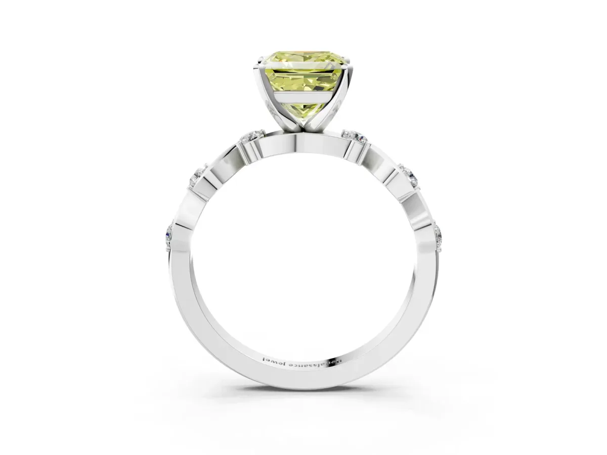 Fancy Yellow Princess Cut Diamond Solitaire Twisted Band with Round Accents and Prong Setting Platinum