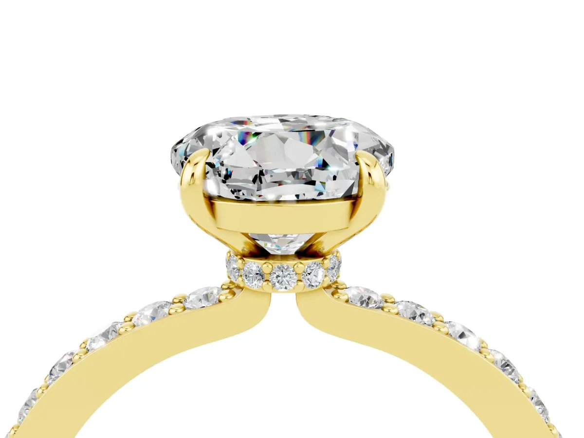 Round Cut Moissanite Solitaire Engagement Ring with Pavé Band and Four-Prong Setting Yellow gold