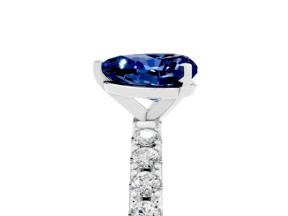 Heart Cut Blue Sapphire Solitaire Pavé Band with Four-Prong Setting Silver